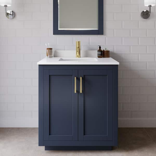 Wyndham Collection Miranda 30 in. W x 22 in. D x 33.75 in. H Single Sink Bath Vanity in Dark Blue with White Cultured Marble Top and Mirror