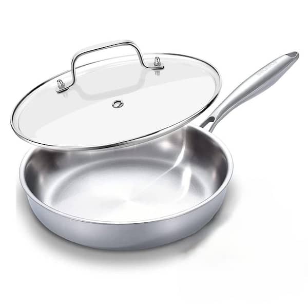 Tri-Ply 12.4 in. Stainless Steel Frying Pan with Lid Compatible with All Cooktops Up to 600℉ Fast and Even Heat, Skillet