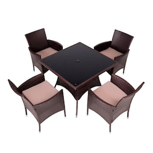 5-Pieces Brown PE Wicker Patio Conversation Set with Square Glass Tabletop, 4 Chairs and Khaki Cushions