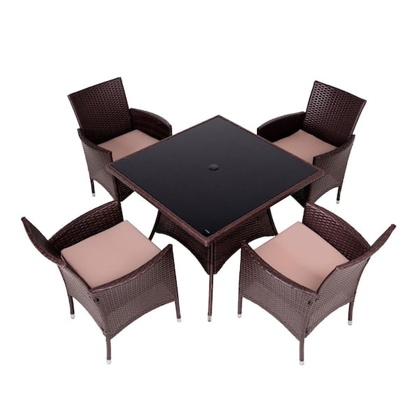 Unbranded 5-Pieces Brown PE Wicker Patio Conversation Set with Square Glass Tabletop, 4 Chairs and Khaki Cushions