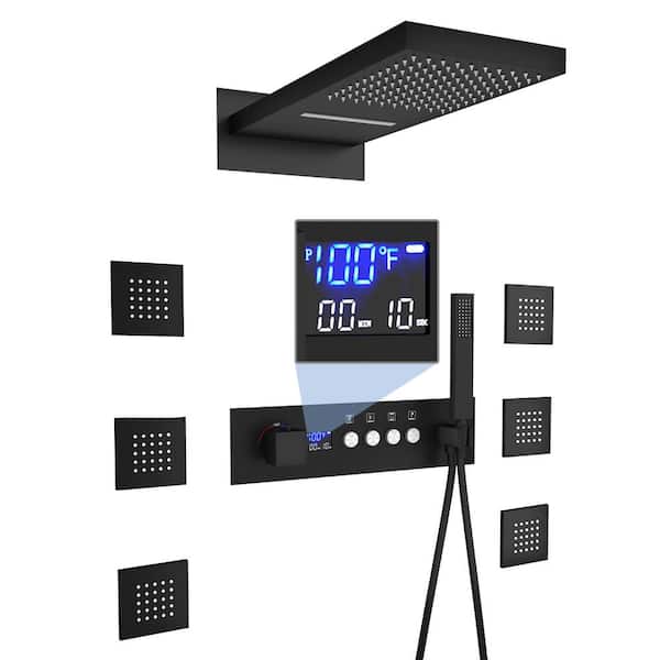 1 Handle 2 Sprays Shower Faucet 2.5 GPM Wall Mount Thermostatic Shower System with LED Display and Anti Scald in Black
