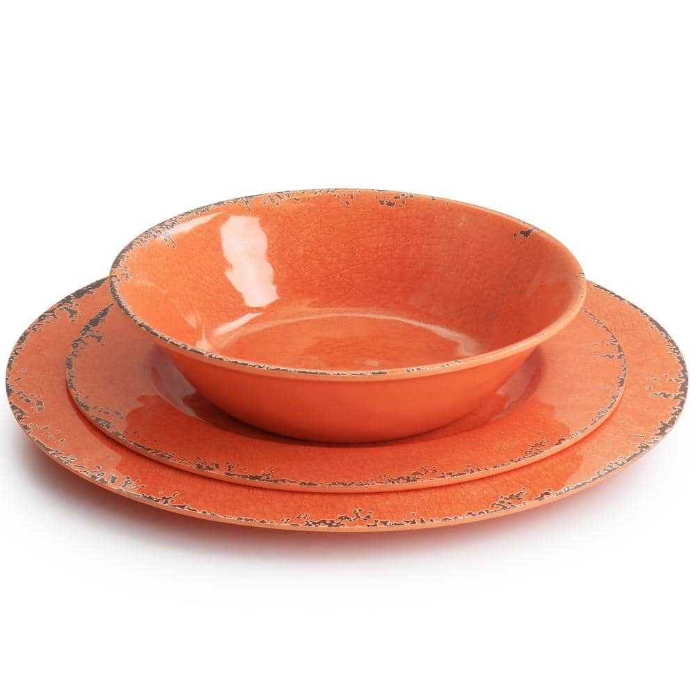 Crackle Orange Melamine 12-Piece Dinnerware Set, Service for 4