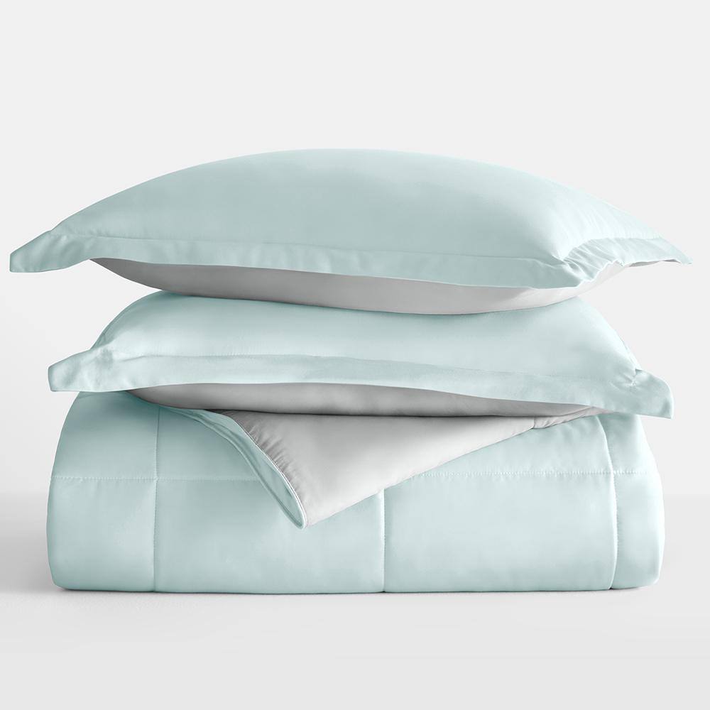 Aqua and Gray Reversible Down-Alternative Comforter Set, Full/Queen