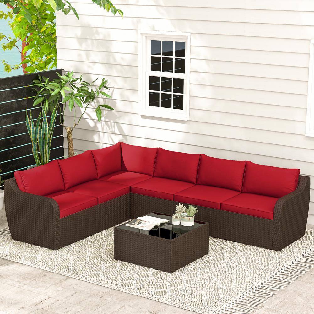 Zeus & Ruta 7 Pieces Red Wicker Outdoor Rattan Sectional Sofa All ...