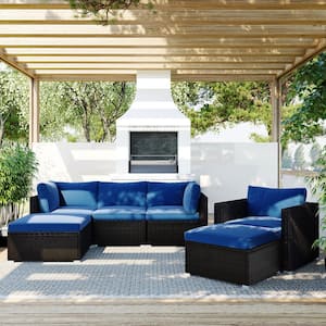 6-Piece Wicker Patio Conversation Sectional Seating Set with Glass Table, Blue Cushion