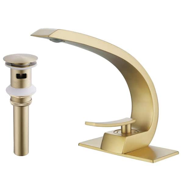 Brushed Gold Single Handle Bathroom Vessel Sink Faucet with Pop-Up Drain and Supply Lines, Modern Curved Spout