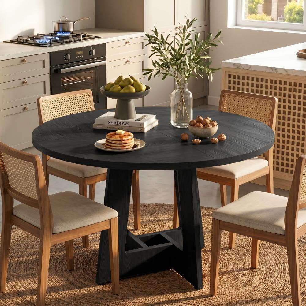 47'' Round Base Wood and Cross Legs Farmhouse Dining Table for 4-6 People - Rustic Kitchen & Dining Room Table