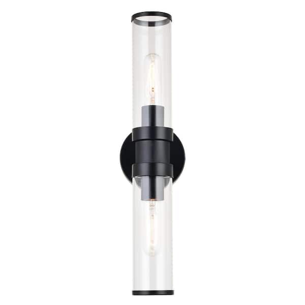 Levitt 19.25 in. W 2-Light Black Vanity Light Fixture Industrial Clear Glass Bathroom Wall Sconce Vertical or Horizontal