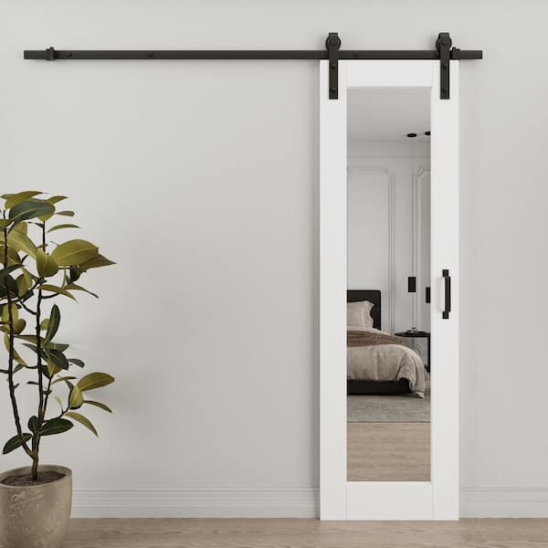 24 in. x 80 in. 1-Lite Mirrored Glass White Primed MDF Wood Sliding Barn Door with Hardware Kit