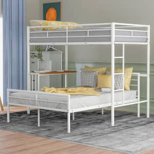 Detachable Metallic White Twin over Full Metal Bunk Bed with Built-in Desk and Ladder