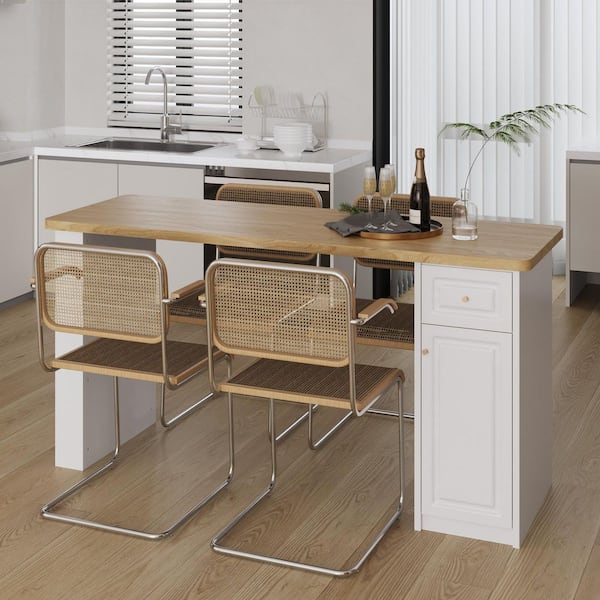 White Wood 82.68 in. Kitchen Island with Drawer, Cabinet and Side Storage Shelf