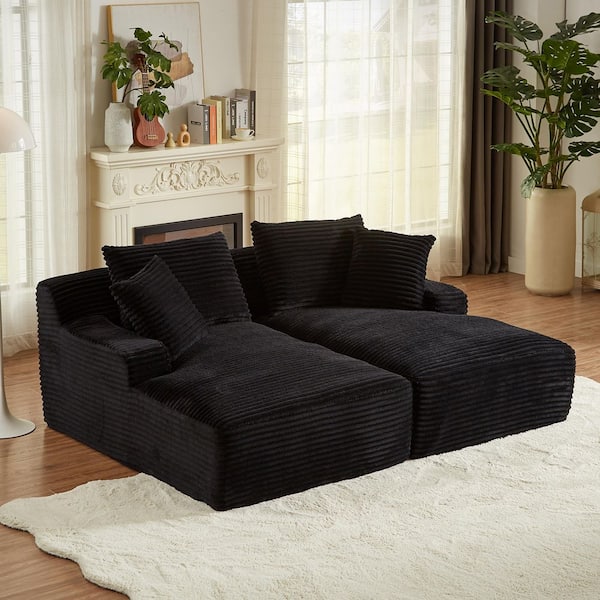 78.7 in. Straight Arm Corduroy Rectangle Sleeper Sofa with Spring Padding, Compressible Double Chaise Lounge in Black