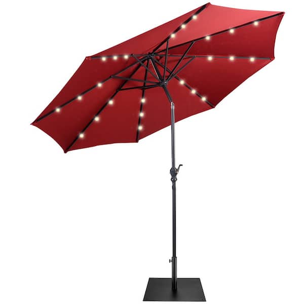 Costway 9 ft. Market Patio Umbrella in Wine with Solar Lights and 40 lbs. Steel Umbrella Stand