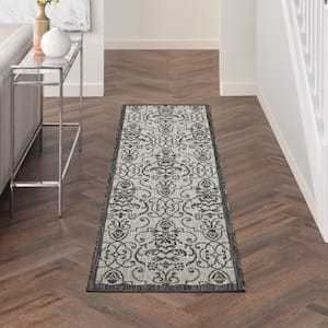 Garden Party Ivory/Charcoal 2 ft. x 8 ft. Kitchen Runner Bordered Transitional Indoor/Outdoor Patio Area Rug