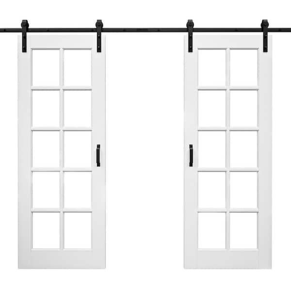 72 in. x 80 in. 10-Lite Tempered Clear Glass White Primed Solid Core MDF Double Sliding Barn Door with Hardware Kit