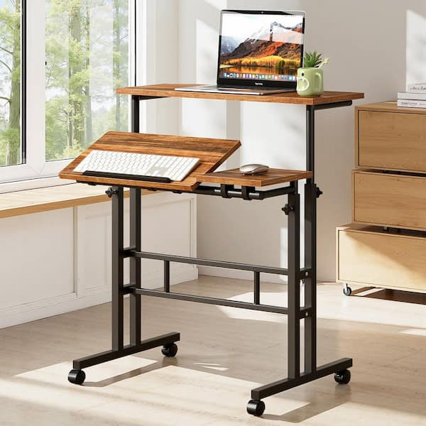 VECELO Adjustable Computer Desk 27.56 in. Rectangular Deep Brown MDF Desk with Tilting Surface and Mobile Casters