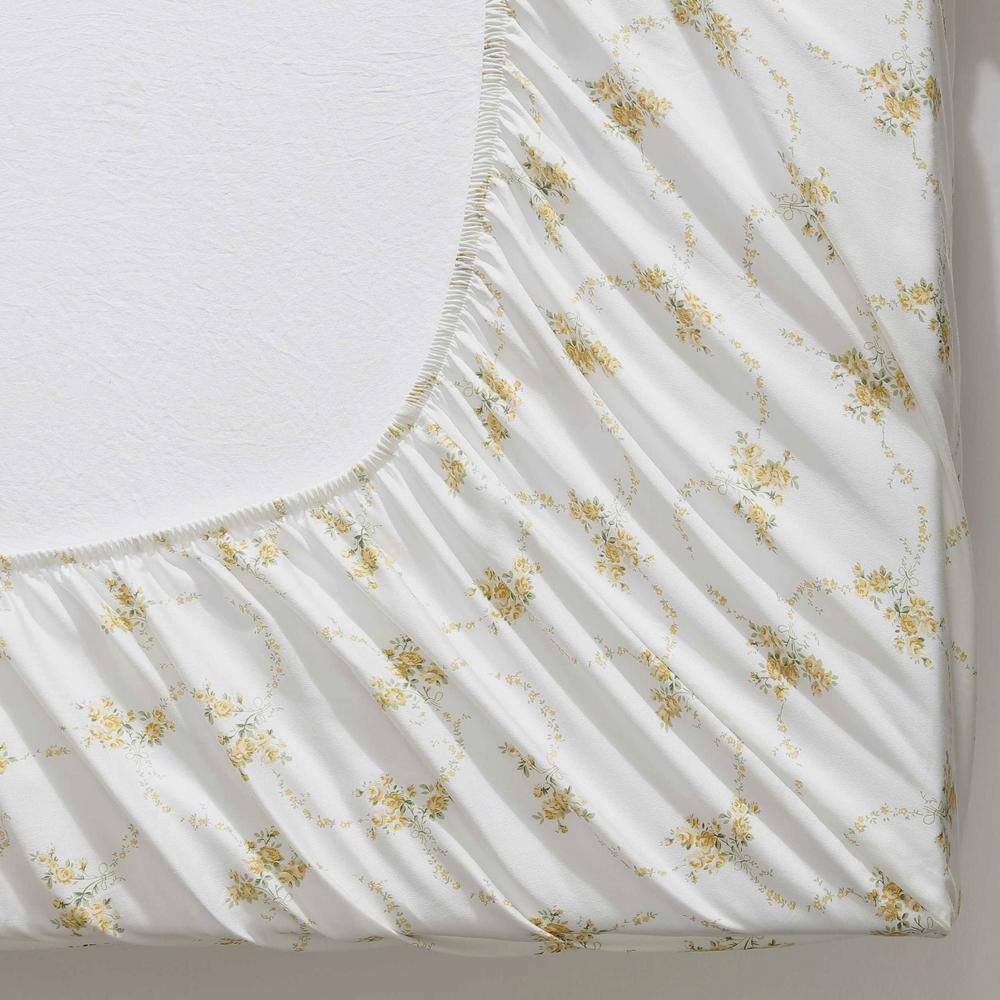 King Size White Cotton Floral Sateen Sheet Set