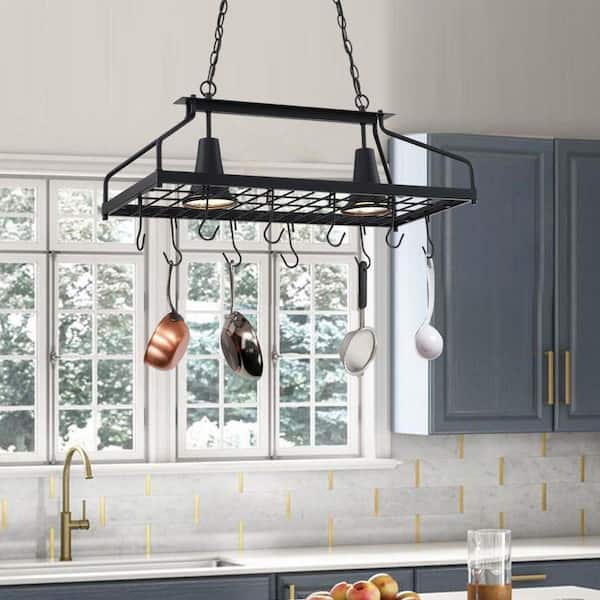 Retro 2-Light Matte Black Farmhouse Kitchen Island Chandelier Pot Rack