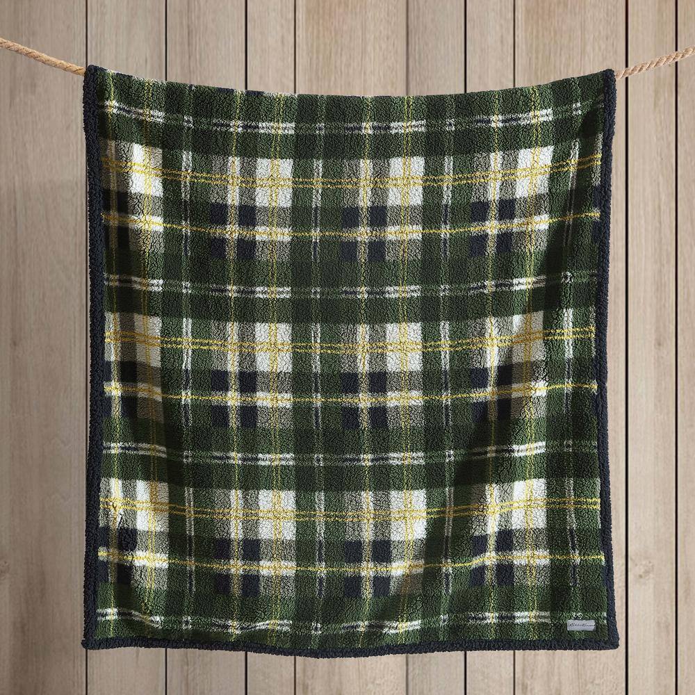 Trailhead Plaid Green Sherpa Fleece Reversible Throw Blanket