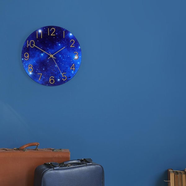 Oumilen 12 in. Starry Night Analog Non Ticking Blue Glass Wall