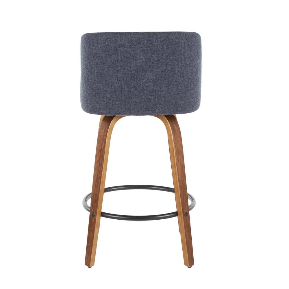 Walnut and Blue Mid-Century Modern Swivel Counter Stools, Set of 2