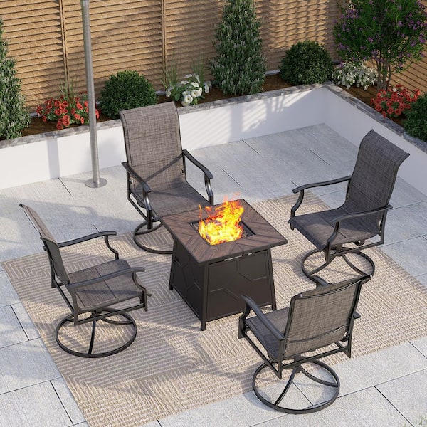 PHI VILLA Black 5-Piece Metal TerrFab Top Patio Fire Pit Set with 4 High-Back Padded Swivel Textilene Dining Chair