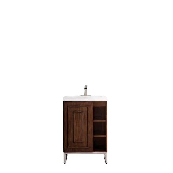 Alicante' 24 in. W x 18.3 in. D x 35.5 in. H Bath Vanity in Mid Century Acacia and Nickel with White Glossy Resin Top