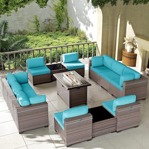 13-Piece Wicker Patio Conversation Set with 55000 BTU Gas Fire Pit Table and Glass Coffee Table and Blue Cushions