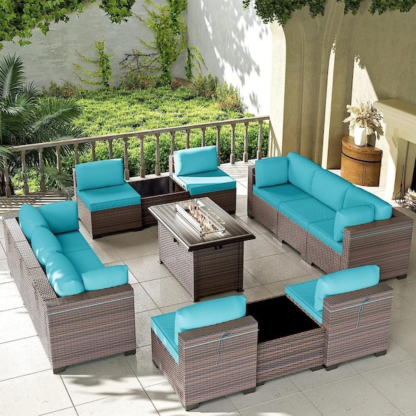 Halmuz 13-Piece Wicker Patio Conversation Set with 55000 BTU Gas Fire Pit Table and Glass Coffee Table and Blue Cushions