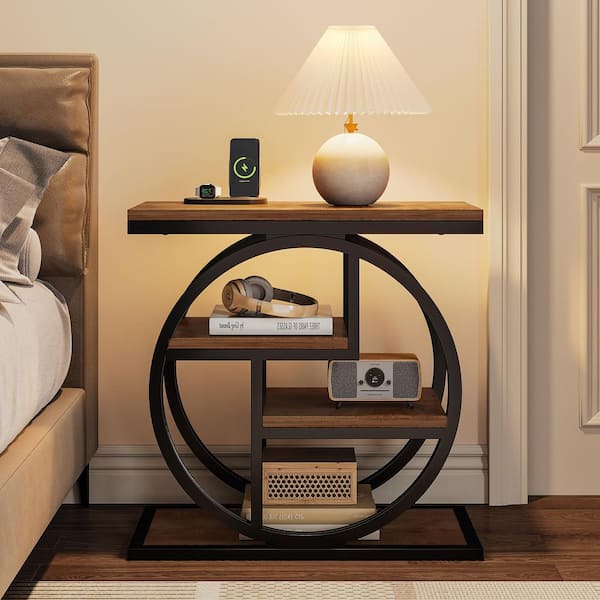 BYBLIGHT Kerlin 25.59 in. Bright brown Rectangle Engineered Wood End Table, Small Sofa Side Table with Geometric Metal