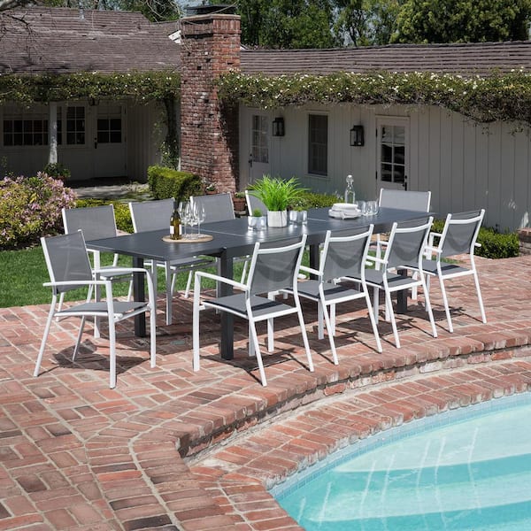 Hanover Naples 11-Piece Aluminum Outdoor Dining Set with 10 Sling Chairs and a 40 in. x 118 in. Expandable Dining Table