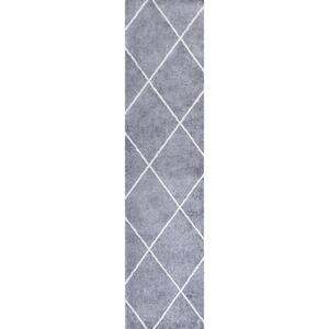 Cole Minimalist Diamond Trellis Gray/White 2 ft. x 10 ft. Area Rug
