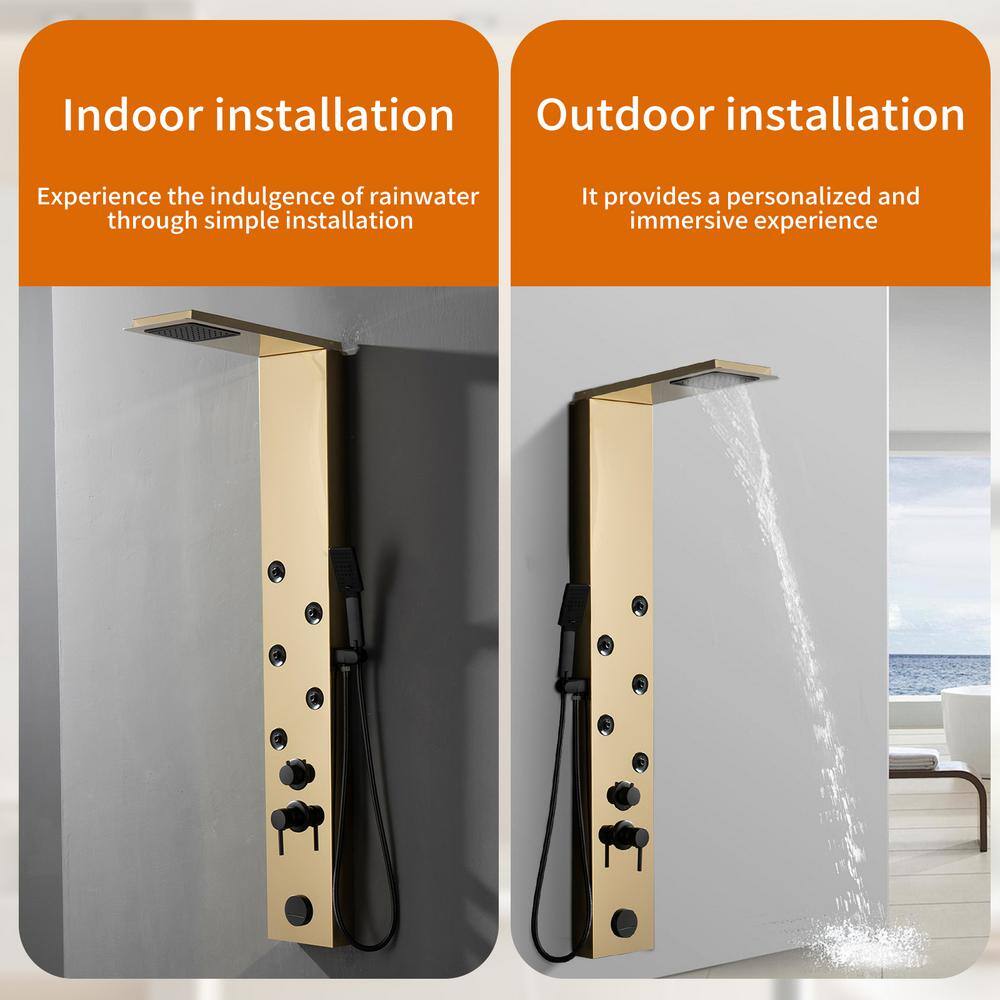 Gold Brushed 4-Jet Rainfall Shower Panel System with Handheld Wand