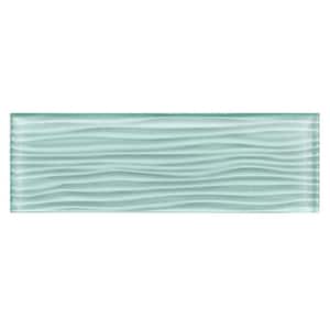 Enchant Parade Bewitch Aqua Blue Glossy 4 in. x 12 in. Glass Textured Subway Wall Tile Sample