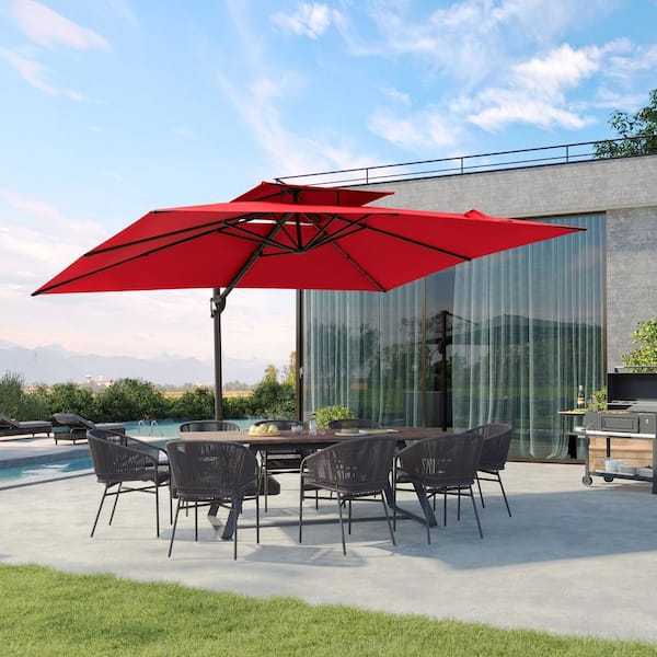 11.5 ft. x 9 ft. Dual Top Outdoor Aluminum 360° Rotation Tilt Cantilever Patio Umbrella in Red with Stand Weights