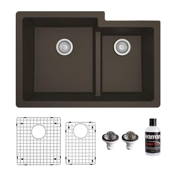 Karran QU-811 Quartz/Granite 32 in. Double Bowl 60/40 Undermount Kitchen Sink in Brown with Bottom Grid and Strainer