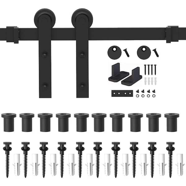 WINSOON 12 ft. /144 in. Frosted Black Strap Sliding Barn Door Hardware Kit for Single Wood Door with Non-Routed Floor Guide