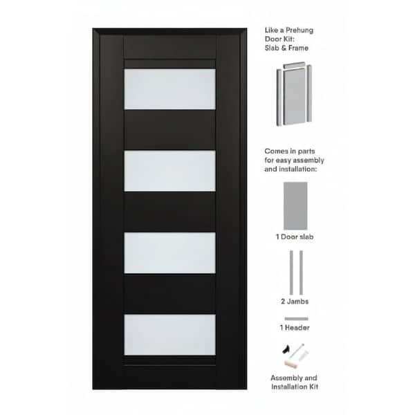 Della DIY-Friendly 36 in. x 96 in. Right-Hand 4-Lite Frosted Glass Black Matte Composite Single Prehung Interior Door