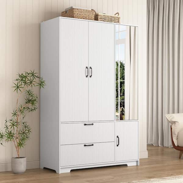 Roman Modern White 47.2 in. W 4-Door Bedroom Armoire Wardrobe with Mirror, Hanging Rod, 3 Drawers