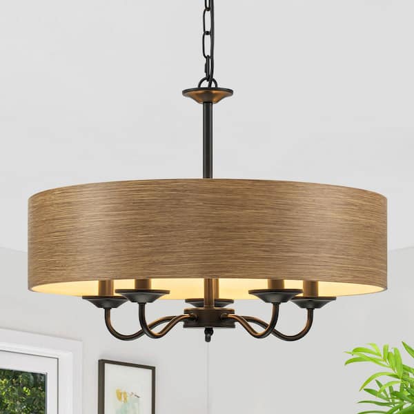5-Light Metal Brown Farmhouse Chandelier With Wood Grain Shade