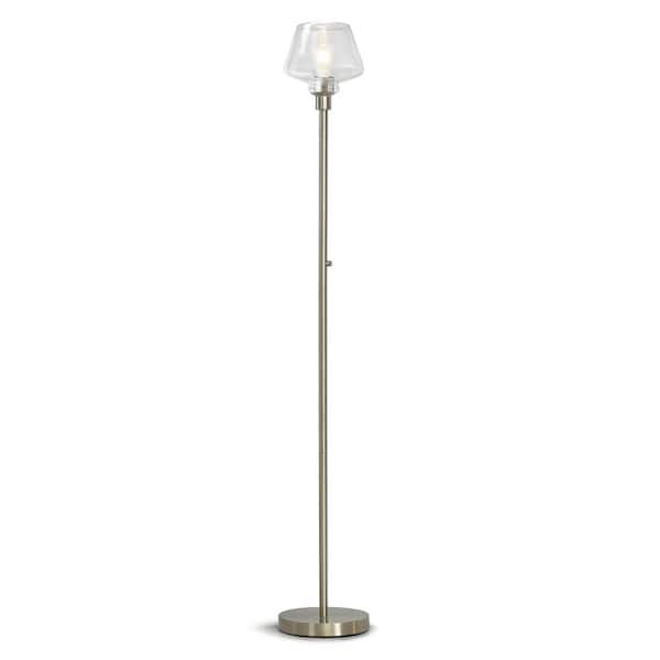 HomeGlam Cafe 71 in. Brushed Nickel LED Dimmable Torchiere Floor Lamp with LED Bulb, Clear Glass Shade