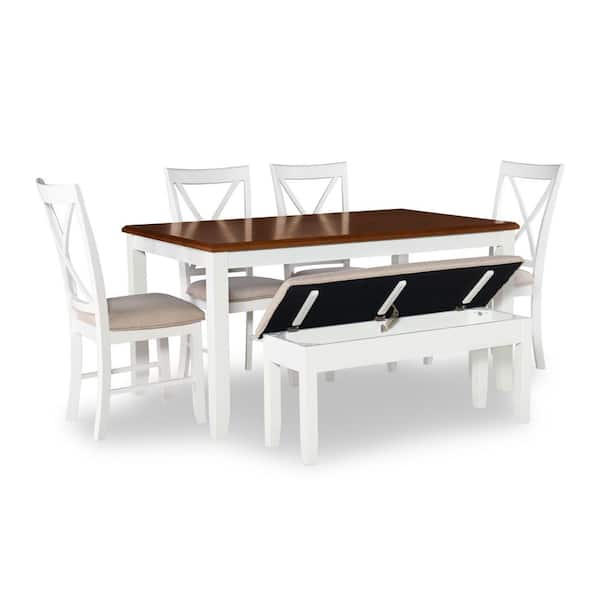 Twyla 6-Piece Rectangle Vanilla White and Brown Wood Top Dining Room Set Seats 6