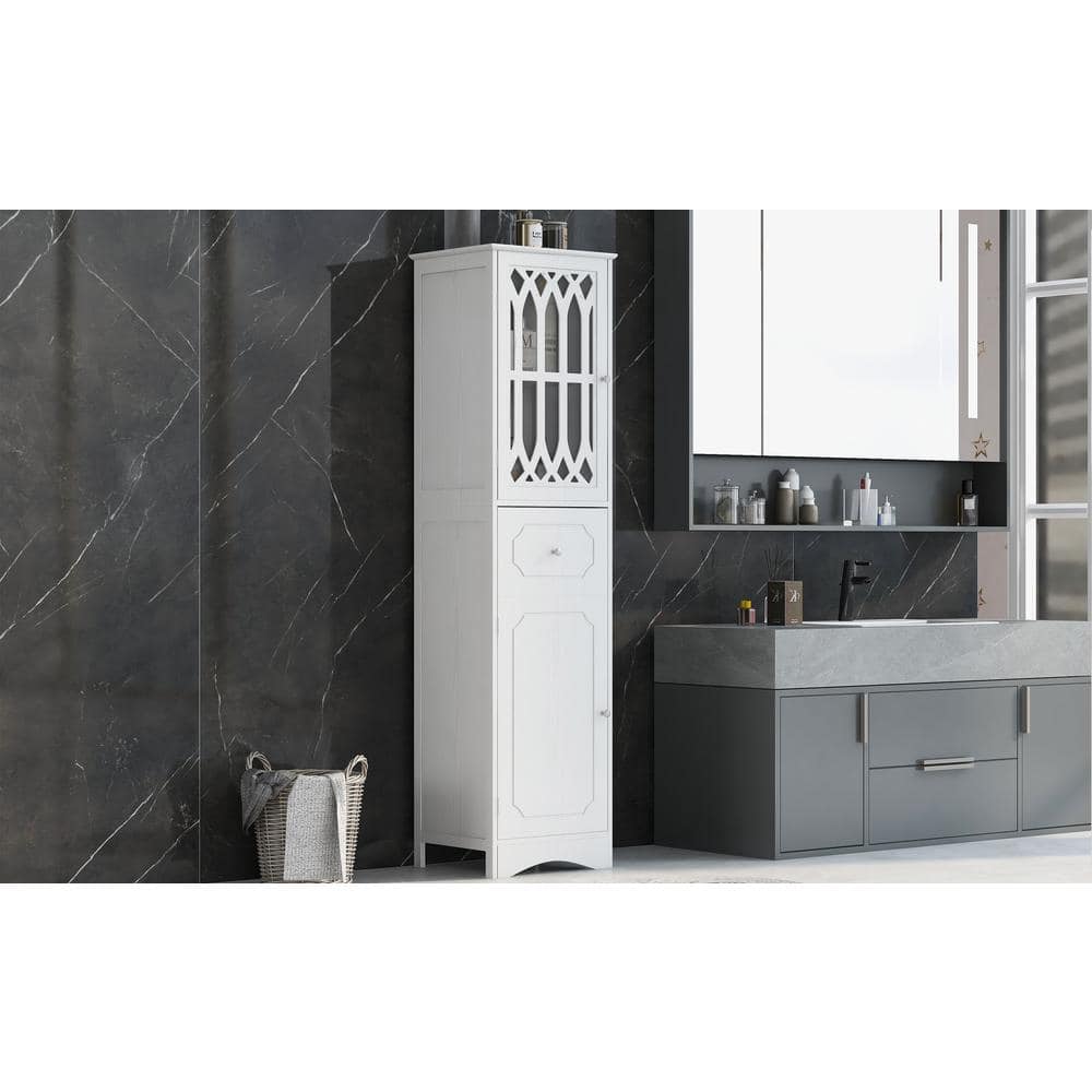 16.5 in. W x 14 in. D x 64 in. H White Wood Linen Cabinet with Adjustable S