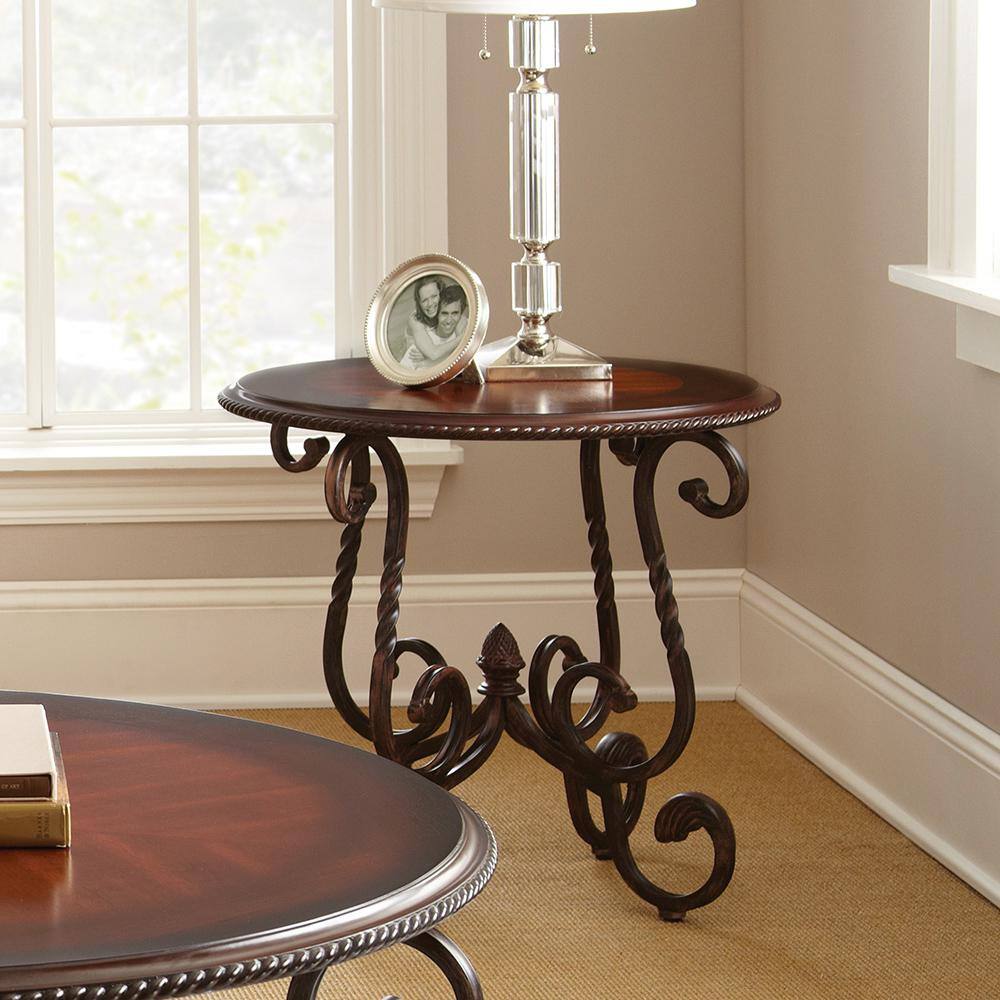 Crowley Round Cherry Wood and Metal End Table