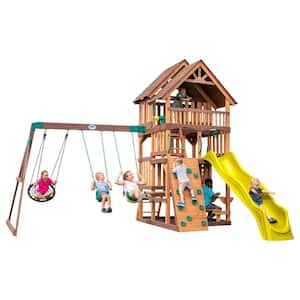 Highlander All Cedar Wood Children's Swing Set Playset with Multi-level Clubhouse Rockwall Swings and Yellow Wave Slide