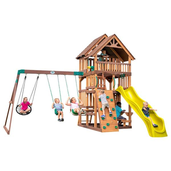 Backyard Discovery Highlander All Cedar Wood Children s Swing Set Playset with Multi level Clubhouse Rockwall Swings and Yellow Wave Slide 2300293COM