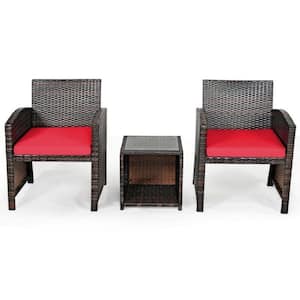 3-Piece Wicker PE Rattan Patio Conversation Set with Red Cushion Sofa Coffee Table for Garden
