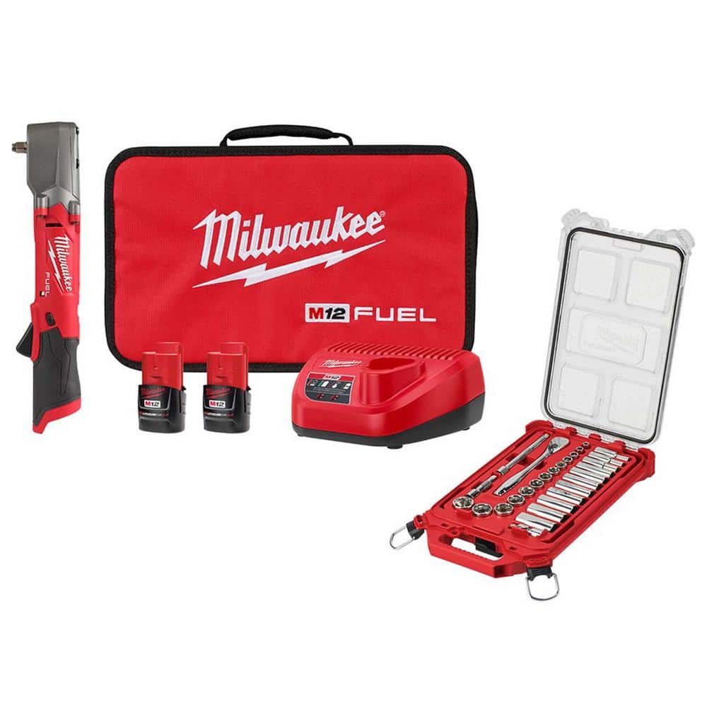 M12 FUEL 12V Lithium-Ion Cordless 3/8 in. Right Angle Impact Wrench Kit w/3/8 in. Drive Ratchet and Socket Mechanics Set -  Milwaukee, 2564-22-48-22