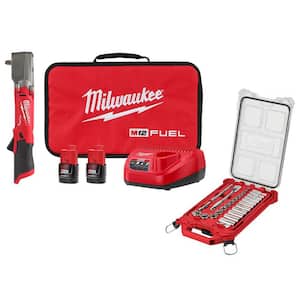 M12 FUEL 12V Lithium-Ion Cordless 3/8 in. Right Angle Impact Wrench Kit w/3/8 in. Drive Ratchet and Socket Mechanics Set