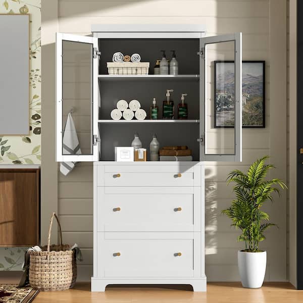 White 70.1 in. H Tall Bathroom Cabinet, Linen Cabinet with 2 Adjustable Shelves, 3 Drawers and Soft Close Glass D